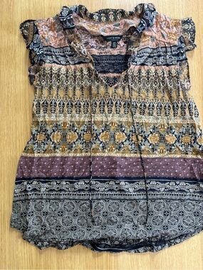 Lucky Brand Multi-Pattern V-Neck Short Sleeve Blouse - Mustard, Navy, Pink